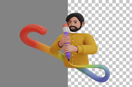 Preview: Young Man Drawing Something Using Pencil 3D Illustration