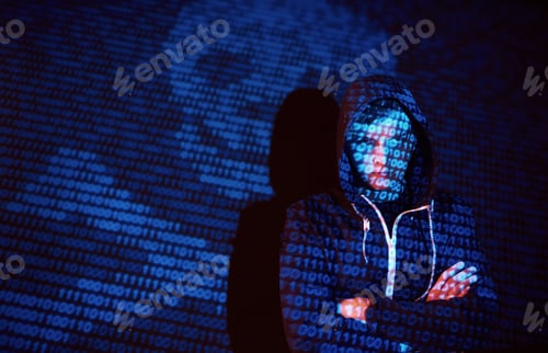 Preview: Cyber attack with unrecognizable hooded hacker using virtual reality, digital glitch effect