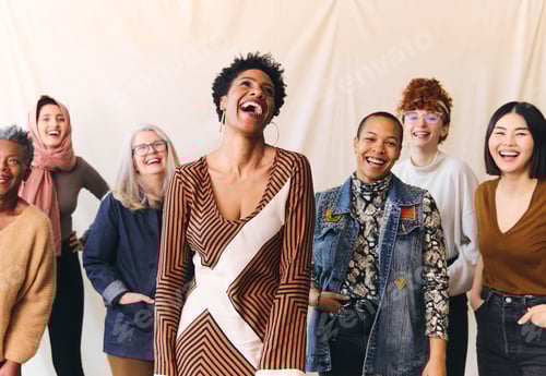 Preview: International Women's Day portrait of cheerful multi ethnic mixed