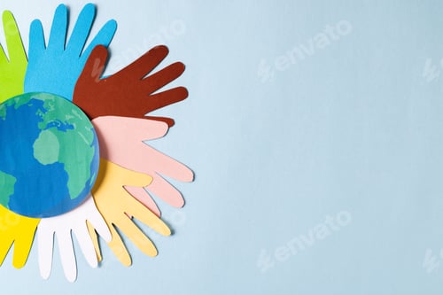 Preview: World Globe with Colorful Paper Hands on Blue