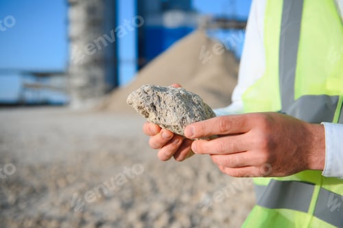 Preview: Engineer on an industrial background. Stone crushing and screening plant
