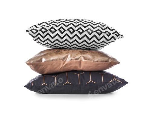 Preview: Stack of different colorful pillows on white background