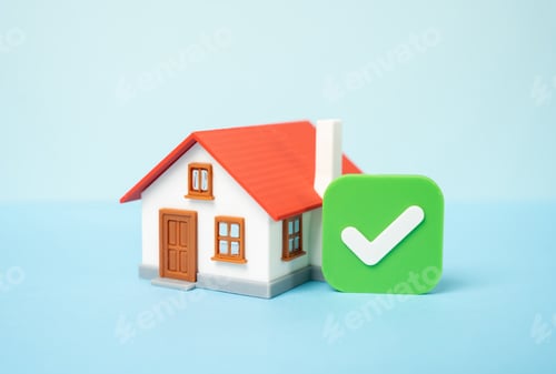 Preview: Home and green check mark of approval. Real estate verification and legal compliance.