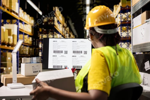 Preview: Employee printing barcodes to prepare pallet shipment in an industrial facility