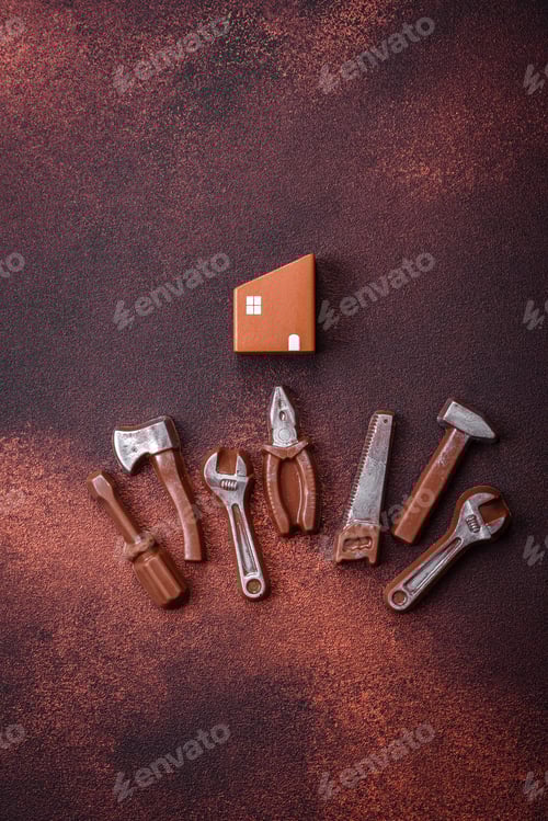 Preview: Repair or home improvement tools and a house model on a plain background