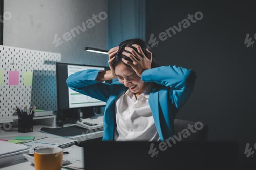 Preview: Asian woman is stressed while working on laptop, tired asian businesswoman with headache at office,
