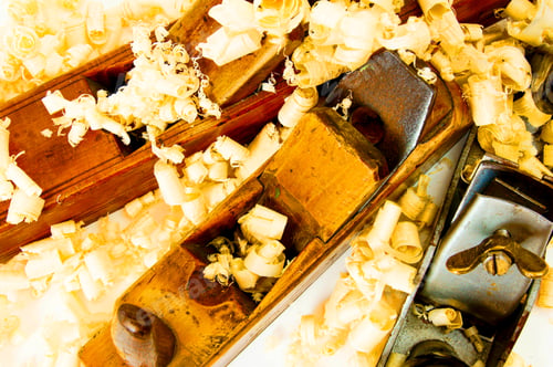 Preview: Joiner's works. Wooden shaving and plane