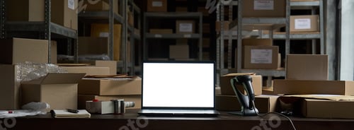 Preview: Table with laptop mock up screen and boxes, ecommerce online store shipping.