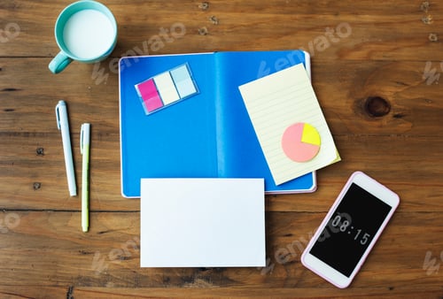 Preview: Open Blank Notebook and Stationery on Wooden Background