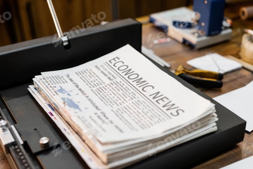 Preview: printed newspapers with economic news inside of professional paper trimmer machine