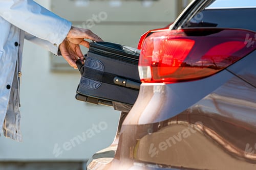 Preview: woman loading suitcase into car trunk, tourism concept