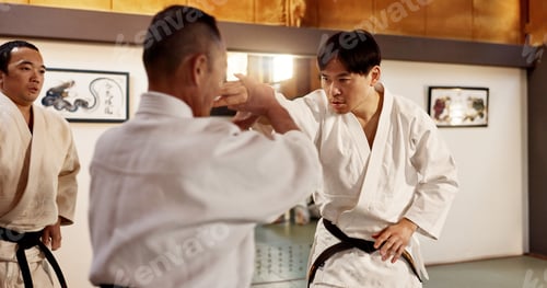 Preview: Men, aikido fighting or sensei for combat, training or black belt students for martial arts. Energy