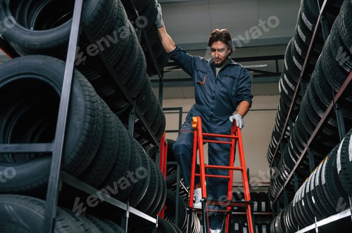Preview: On the ladder. Man is in the tire fitting car service