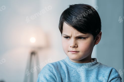 Preview: Portrait of offended sad boy looking away at home
