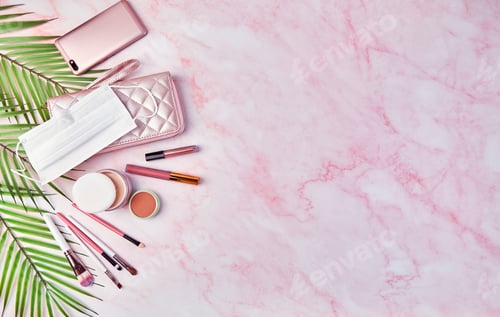 Preview: Flat lay with set of decorative cosmetics, makeup tools and feminine accessories.