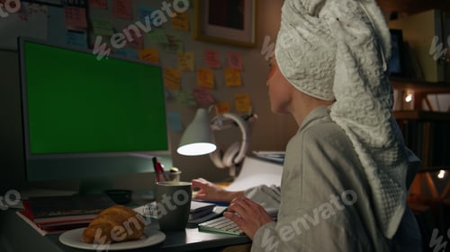 Preview: Focused student looking mockup computer home closeup. Housewife checking notes