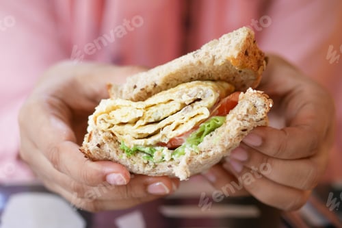 Vista previa: egg sandwich made with brown bread, tomato and lettuce on table
