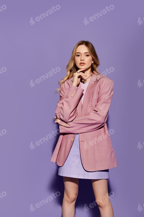 Preview: Stylish young woman embracing spring fashion trends in a vibrant setting