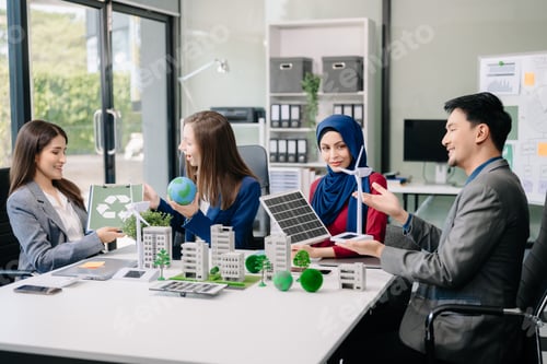 Preview: business team people planning and discussing on recycle reduce reuse policy symbol in office meeting