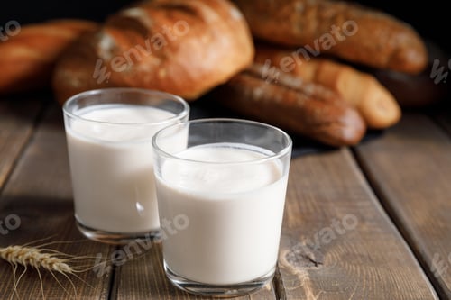 Preview: Probiotic cold fermented dairy drink kefir on wooden background.