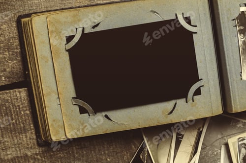 Preview: Old album lies open with empty spaces waiting for new pictures in a cozy room