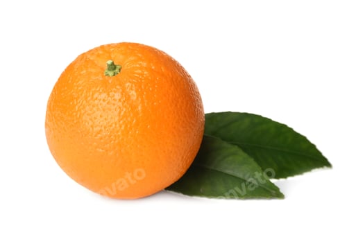 Preview: Fresh ripe orange with green leaves on white background