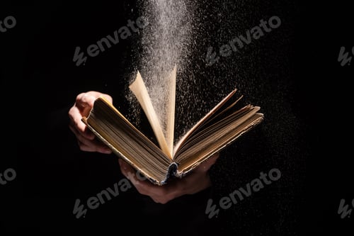 Preview: cropped view of woman holding holy bible with dust on black background