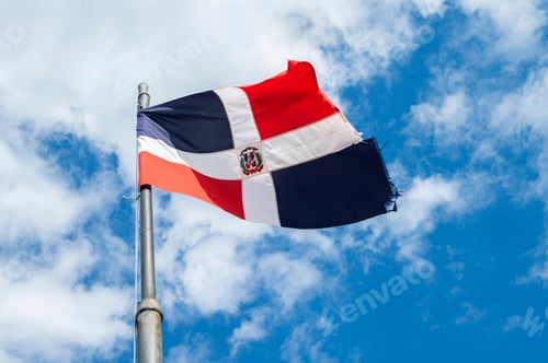 Preview: Dominican Republic flag waving in the wind on a sunny day