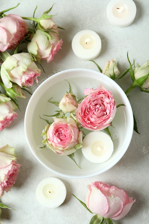 Preview: Romantic concept with roses on white textured table