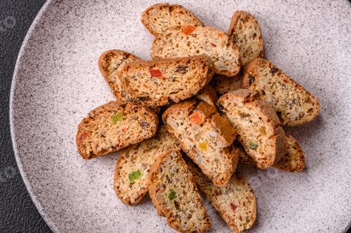Preview: Freshly baked Italian cantuccini cookies with nuts and candied fruits