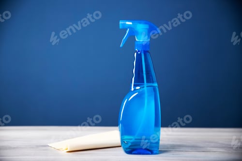 Preview: Cleaning blue spray bottle with plastic dispenser and towel for coronavirus prevetion.