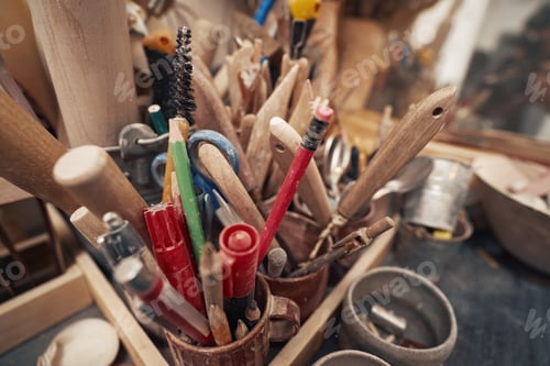 Preview: Stationery and ceramic tools placed on table