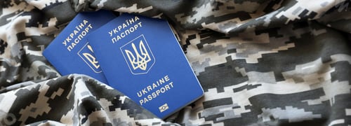 Preview: Ukrainian foreign passport on fabric with texture of military pixeled camouflage