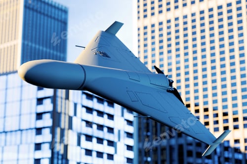Preview: High-speed loitering munition flying above high-rise buildings. modern missile