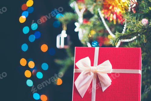 Preview: Luxury New Year gifts box, present boxes under Christmas tree in holiday, Christmastime celebration
