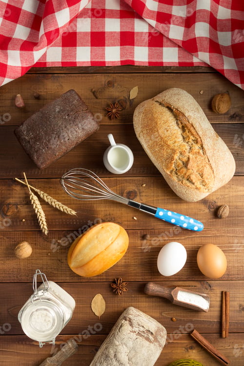 Preview: bread and bakery ingredients on wood
