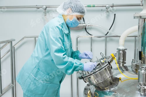 Preview: Pharmaceutical factory woman worker in protective clothing operating production line in sterile