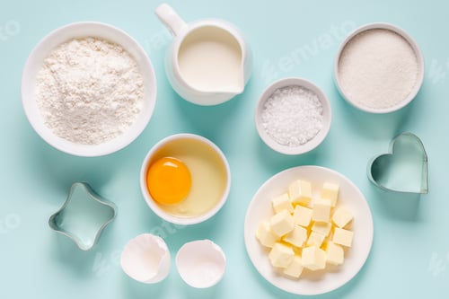 Preview: Baking or cooking background. Ingredients, kitchen items for baking.