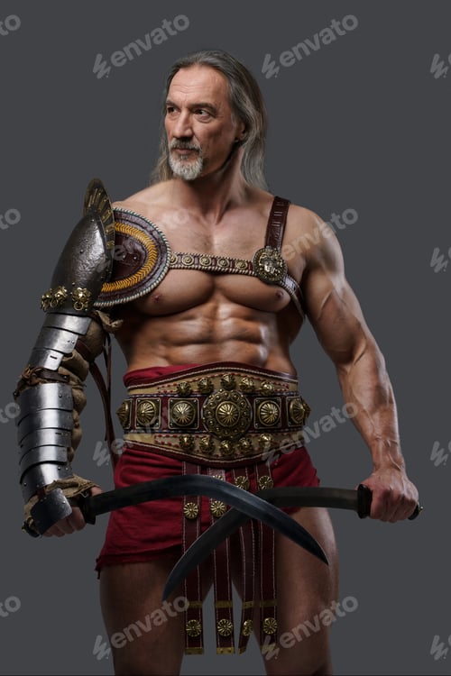 Preview: Aged but still mighty muscular gladiator with long grey hair and beard