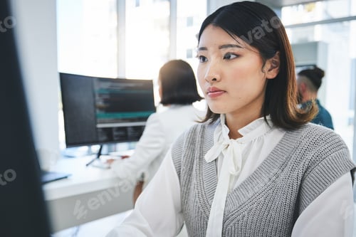 Preview: Programming, developer and computer with business woman in office for coding, software and informat