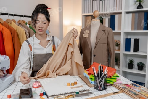 Preview: Fashion designer working in clothing studio while planning garment patterns