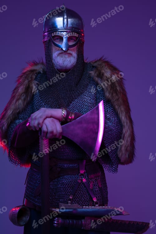 Preview: Antique elder knight with axe against purple background