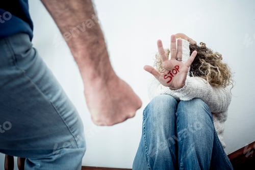 Preview: Stop Domestic violence aggression concept with hidden woman protecting herself