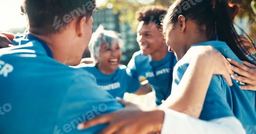 Preview: Volunteer, people or group in circle outdoor for synergy, collaboration or donation. Charity, team