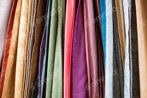 Preview: different types of curtains and fabrics hanging close-up