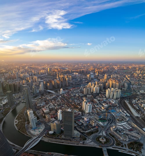Preview: Cityspace of Tianjin with its beautiful skyscrapers during the sunrise in China