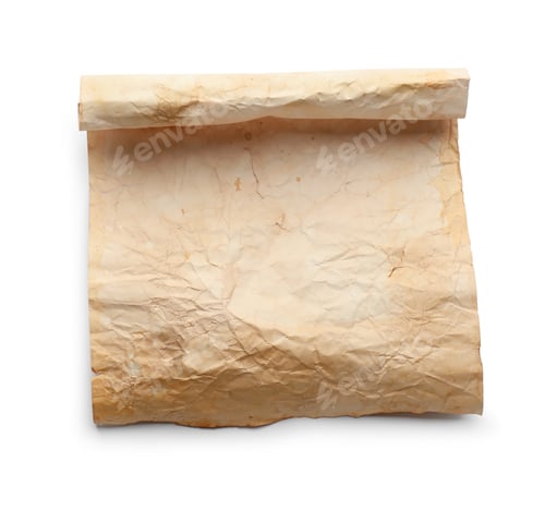 Preview: Sheet of old parchment paper isolated on white, top view. Space for design