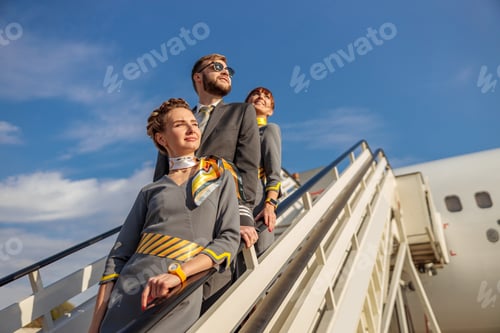 Preview: Flight attendants and pilot standing on airplane stairs