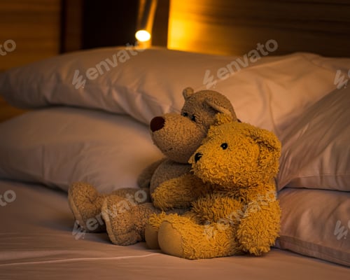 Preview: Closeup shot of two toy bears on the bed