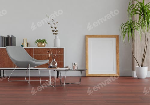 Preview: 3D mockup photo frame with houseplant in living room rendering